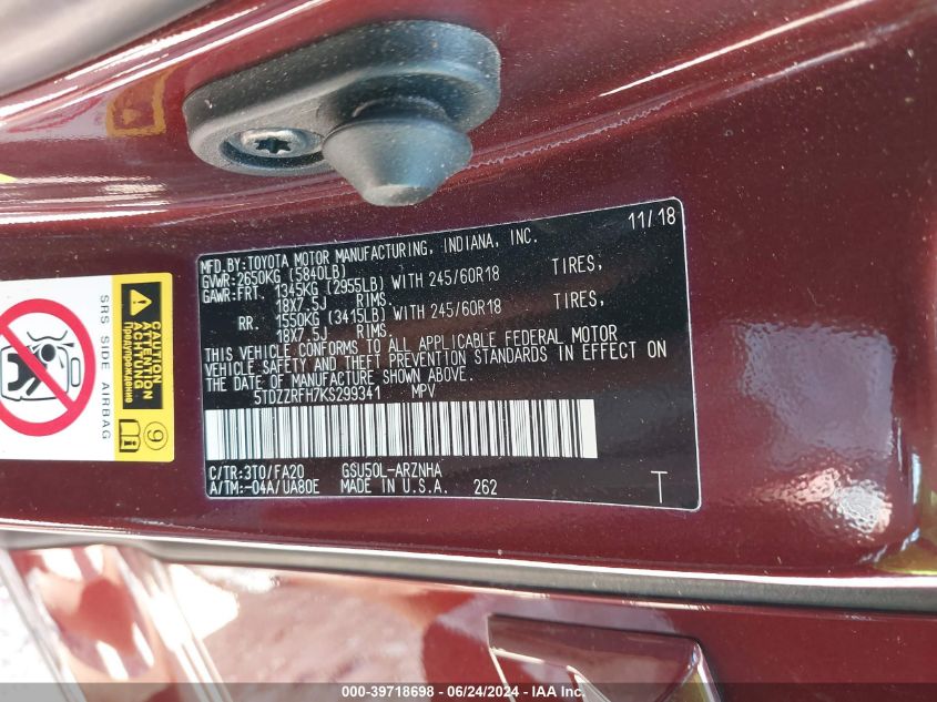 2019 Toyota Highlander Le Plus VIN: 5TDZZRFH7KS299341 Lot: 39718698