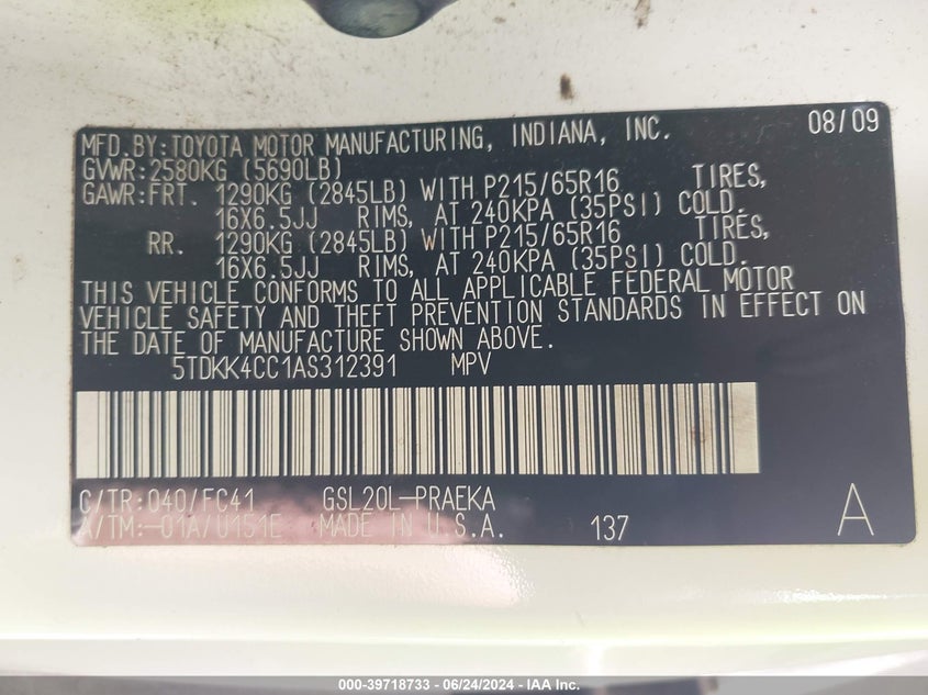 2010 Toyota Sienna Le VIN: 5TDKK4CC1AS312391 Lot: 39718733