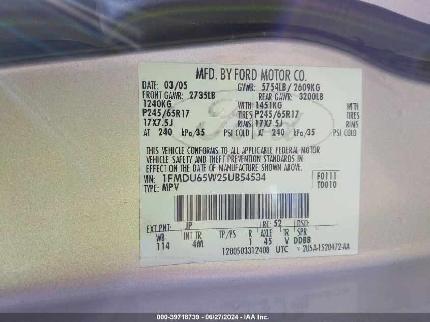 2005 Ford Explorer Limited VIN: 1FMDU65W25UB54534 Lot: 39718739