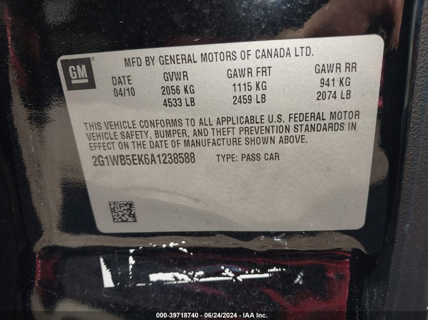 2010 Chevrolet Impala Lt VIN: 2G1WB5EK6A1238588 Lot: 39718740