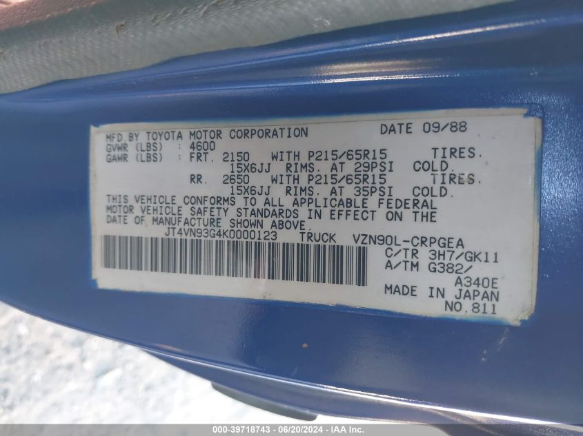 1989 Toyota Pickup 1/2 Ton Ex Long Whlbs Sr5 VIN: JT4VN93G4K0000123 Lot: 39718743