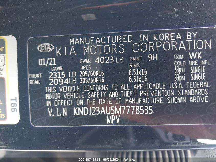 2021 Kia Soul Lx/X Line/S VIN: KNDJ23AU5M7778535 Lot: 39718758