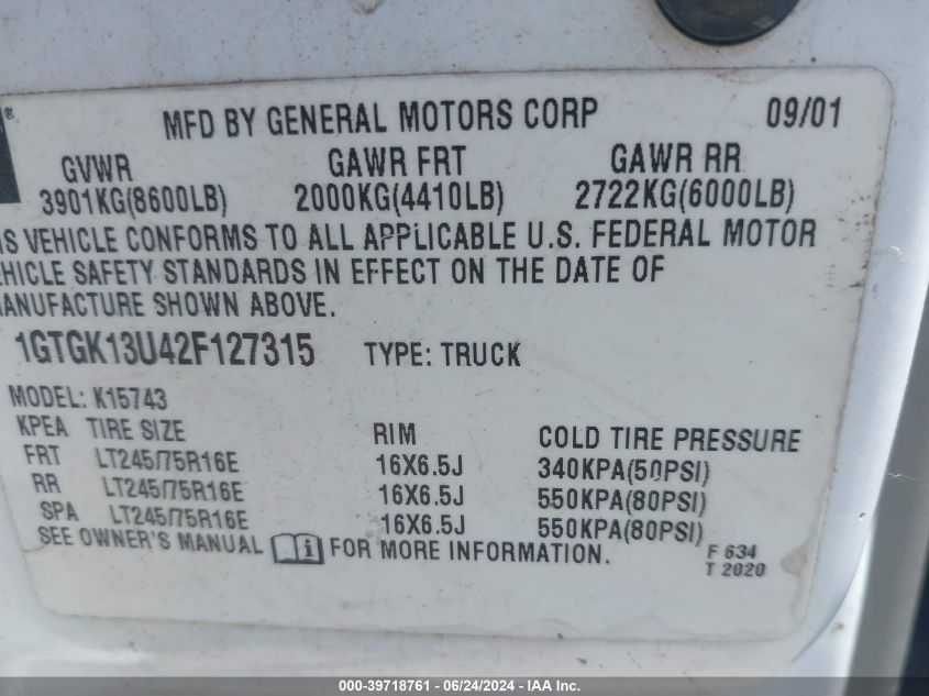 2002 GMC Sierra 1500Hd Sle VIN: 1GTGK13U42F127315 Lot: 39718761