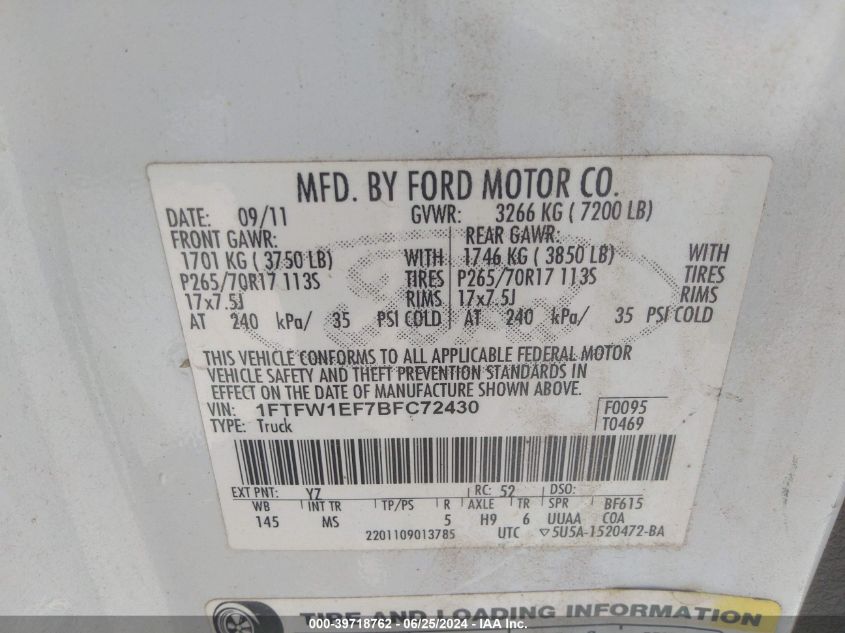 2011 Ford F-150 Xlt VIN: 1FTFW1EF7BFC72430 Lot: 39718762