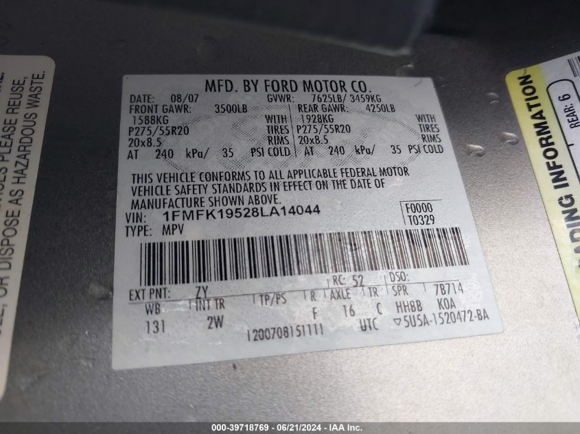 2008 Ford Expedition El Limited VIN: 1FMFK19528LA14044 Lot: 39718769