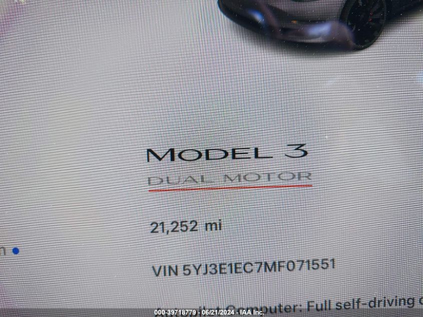 2021 Tesla Model 3 Performance Dual Motor All-Wheel Drive VIN: 5YJ3E1EC7MF071551 Lot: 39718779