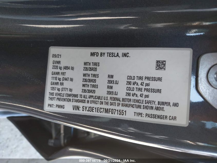 2021 Tesla Model 3 Performance Dual Motor All-Wheel Drive VIN: 5YJ3E1EC7MF071551 Lot: 39718779