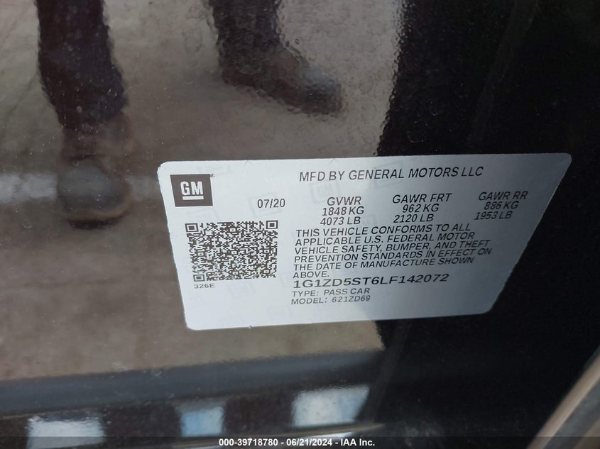 2020 Chevrolet Malibu Fwd Lt VIN: 1G1ZD5ST6LF142072 Lot: 39718780