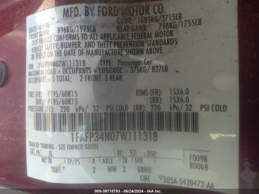 2007 Ford Focus S/Se/Ses VIN: 1FAFP34N07W111318 Lot: 39718783