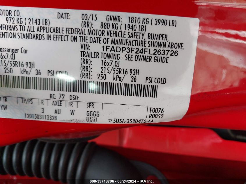 2015 Ford Focus Se VIN: 1FADP3F24FL263726 Lot: 39718796