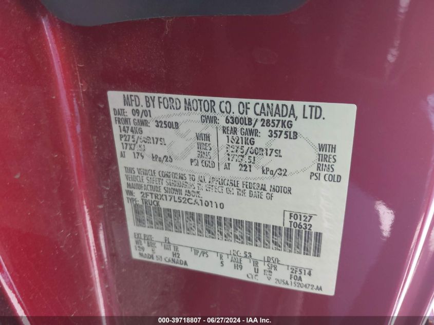 2002 Ford F-150 VIN: 2FTRX17L52CA10110 Lot: 39718807