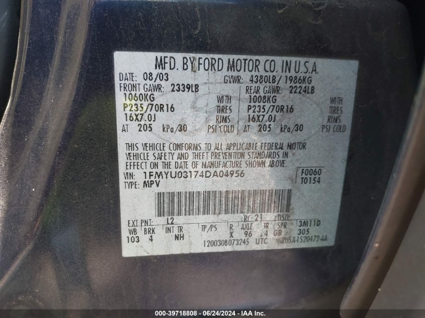 2004 Ford Escape Xlt VIN: 1FMYU03174DA04956 Lot: 39718808