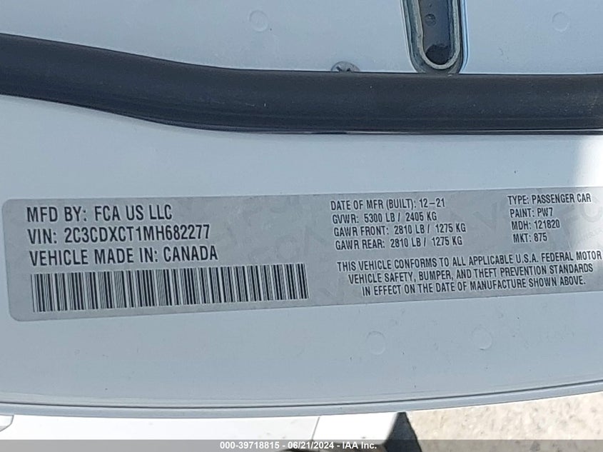 2021 Dodge Charger R/T Rwd VIN: 2C3CDXCT1MH682277 Lot: 39718815