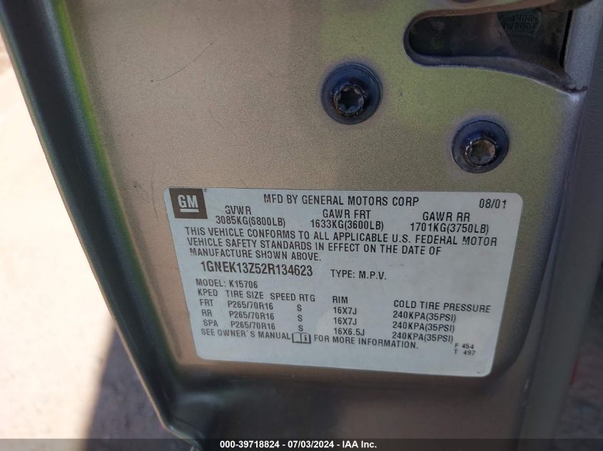 2002 Chevrolet Tahoe Ls VIN: 1GNEK13Z52R134623 Lot: 39718824