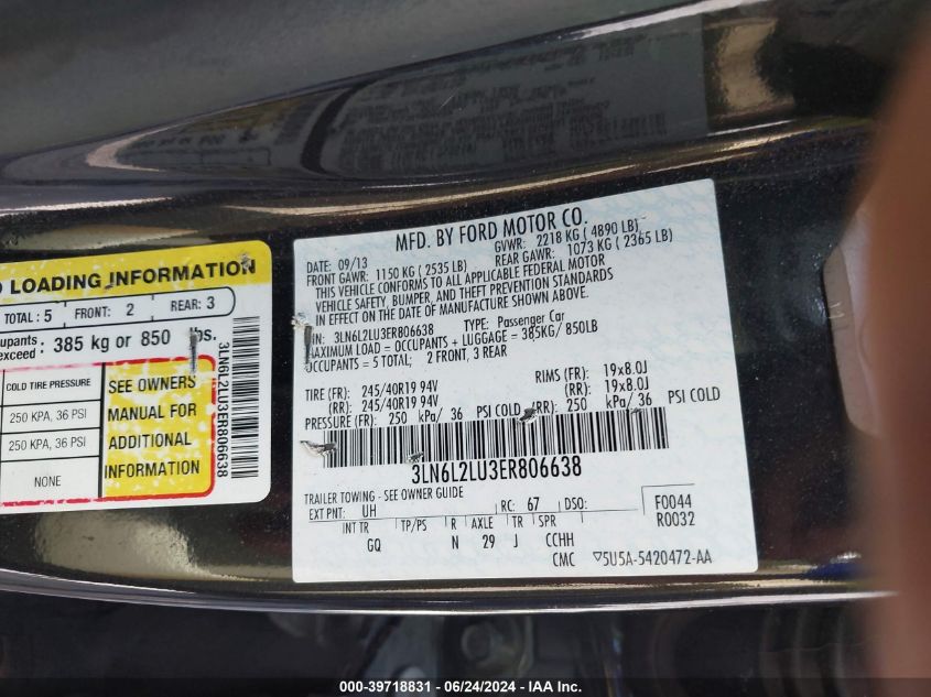 2014 Lincoln Mkz Hybrid VIN: 3LN6L2LU3ER806638 Lot: 39718831