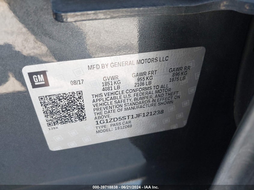 2018 Chevrolet Malibu Lt VIN: 1G1ZD5ST1JF121238 Lot: 39718838