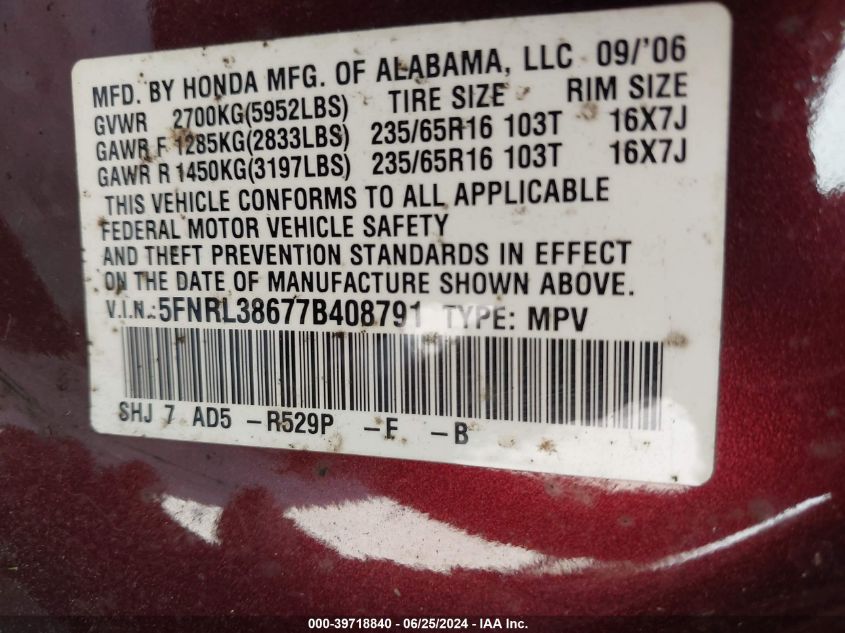 2007 Honda Odyssey Ex-L VIN: 5FNRL38677B408791 Lot: 39718840