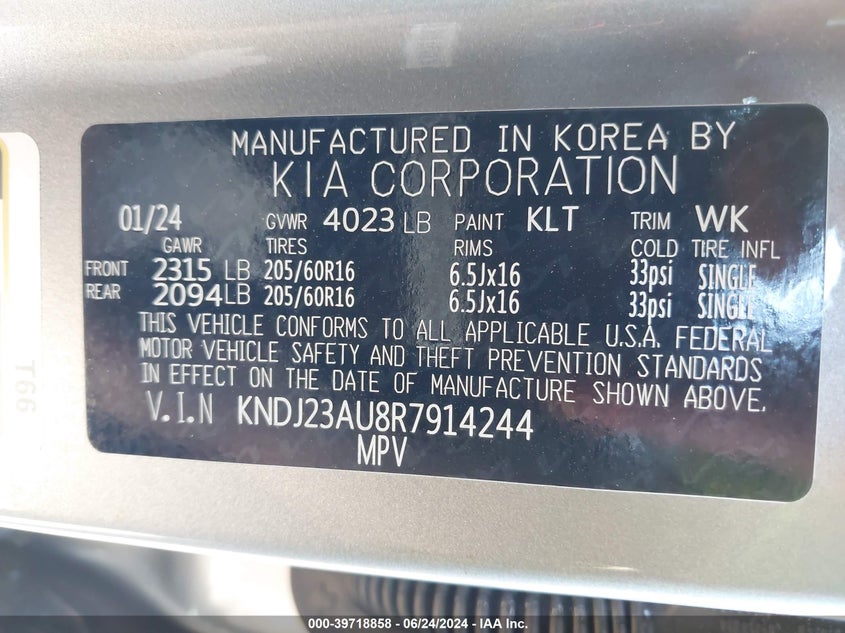 2024 Kia Soul Lx VIN: KNDJ23AU8R7914244 Lot: 39718858