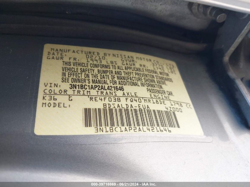 2010 Nissan Versa 1.8S VIN: 3N1BC1AP2AL421646 Lot: 39718869