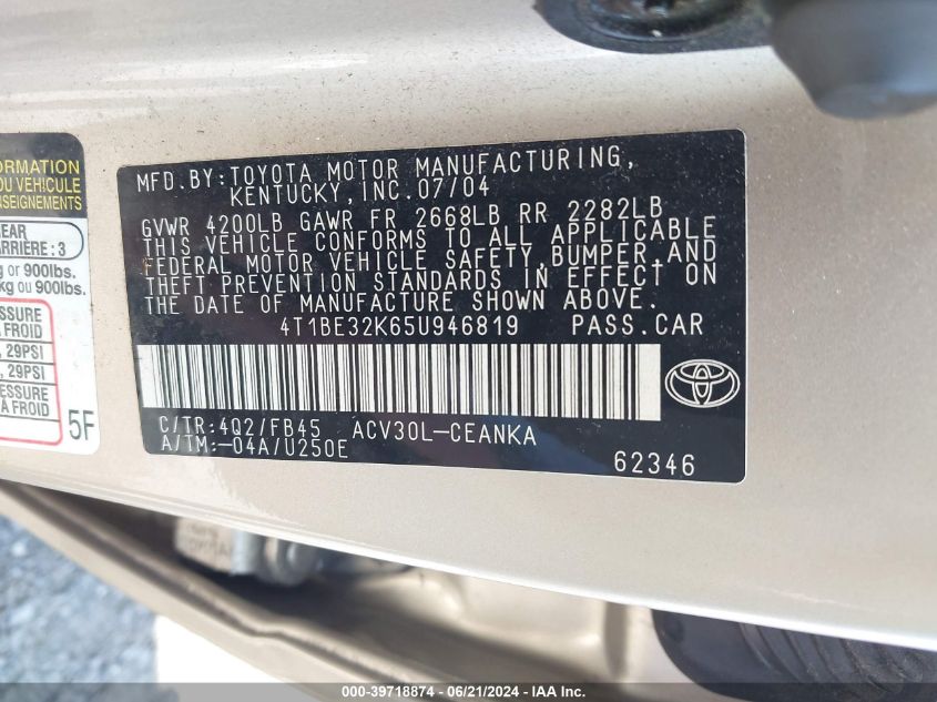 2005 Toyota Camry Le VIN: 4T1BE32K65U946819 Lot: 39718874
