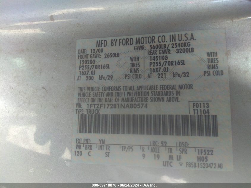 2001 Ford F-150 Xl/Xlt VIN: 1FTZF17281NA80574 Lot: 39718878