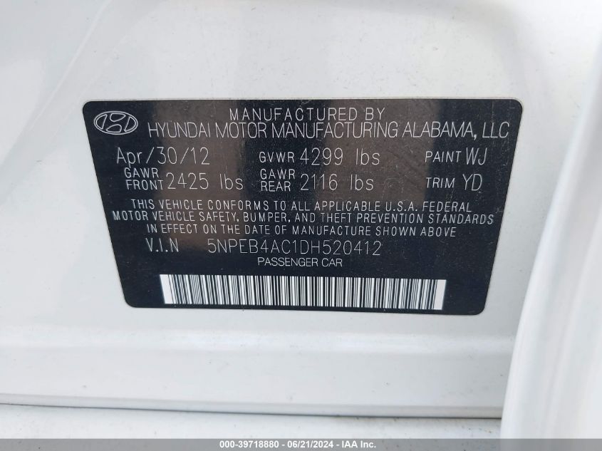 2013 Hyundai Sonata Gls VIN: 5NPEB4AC1DH520412 Lot: 39718880