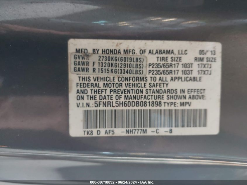 2013 Honda Odyssey Ex-L VIN: 5FNRL5H60DB081898 Lot: 39718892