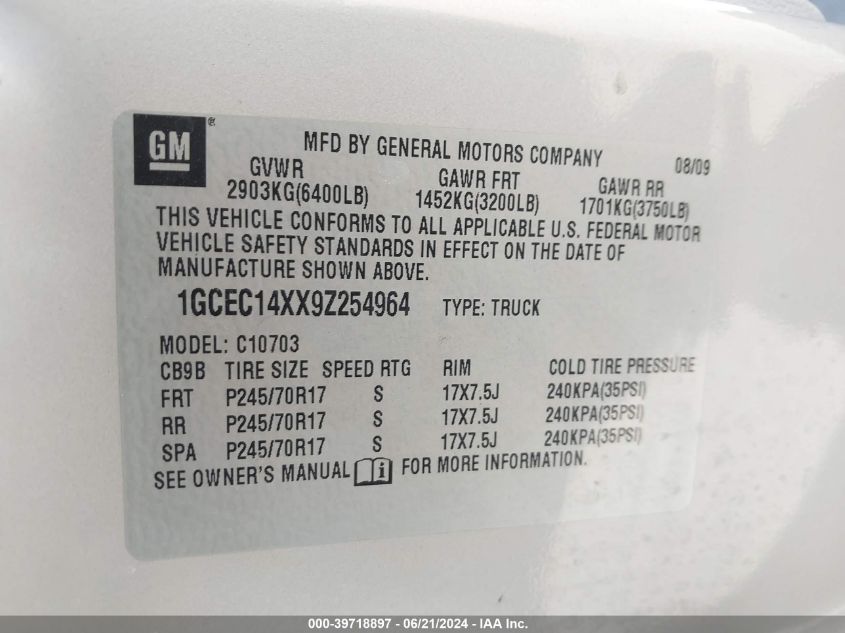 2009 Chevrolet Silverado 1500 Work Truck VIN: 1GCEC14XX9Z254964 Lot: 39718897