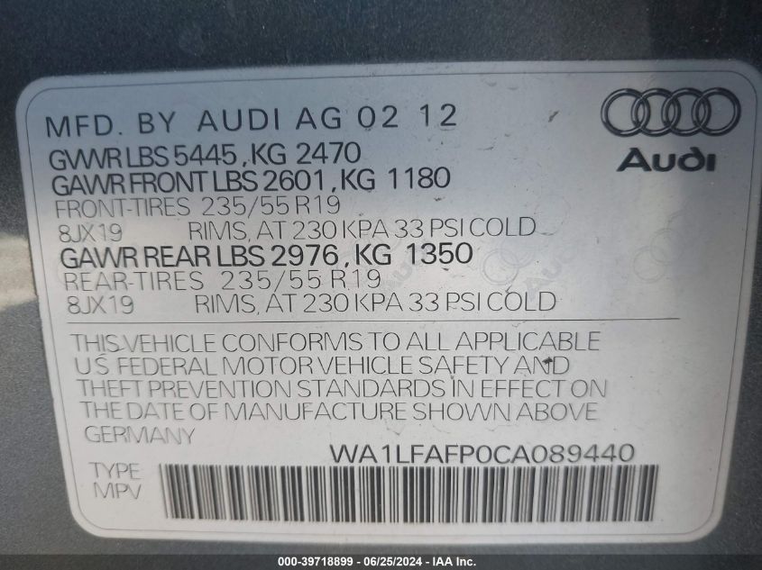 2012 Audi Q5 Premium Plus VIN: WA1LFAFP0CA089440 Lot: 39718899