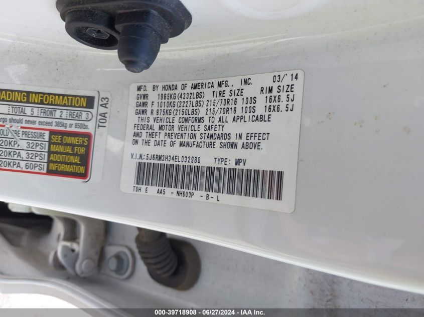 2014 Honda Cr-V Lx VIN: 5J6RM3H34EL032980 Lot: 39718908