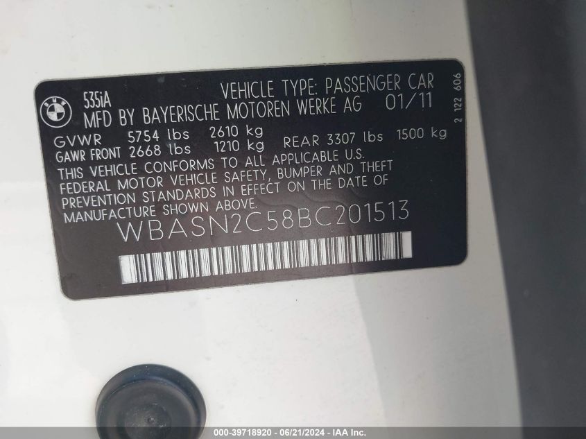 2011 BMW 535I Gran Turismo VIN: WBASN2C58BC201513 Lot: 39718920