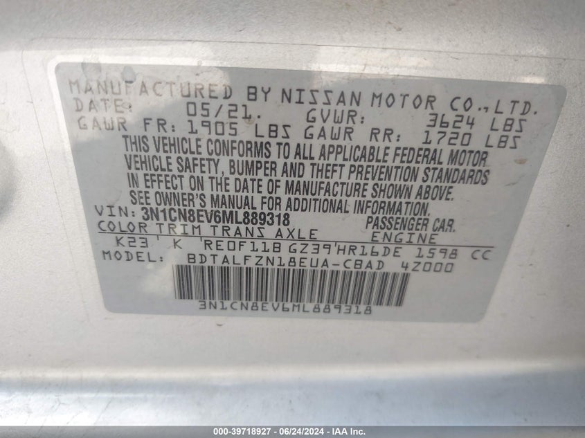 2021 NISSAN VERSA SV - 3N1CN8EV6ML889318