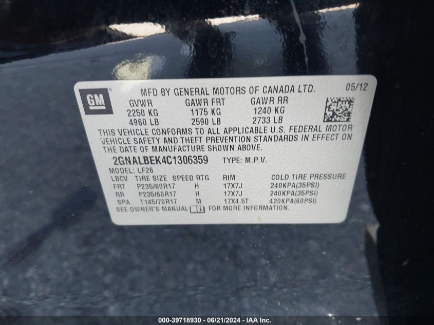 2012 Chevrolet Equinox Ls VIN: 2GNALBEK4C1306359 Lot: 39718930