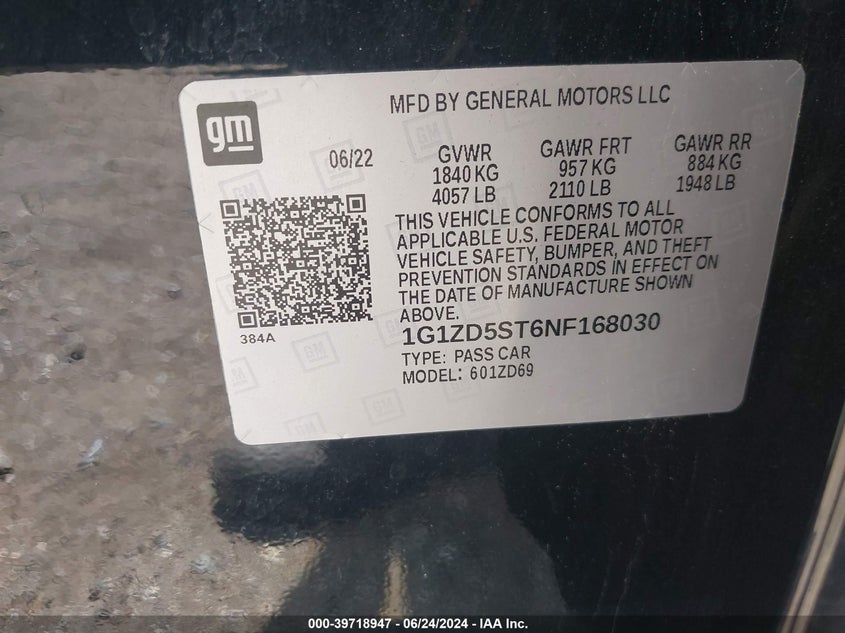 2022 Chevrolet Malibu Fwd Lt VIN: 1G1ZD5ST6NF168030 Lot: 39718947