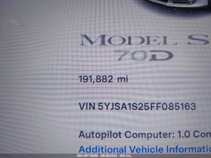 2015 Tesla Model S 70D/85D/P85D VIN: 5YJSA1S25FF085163 Lot: 39718959