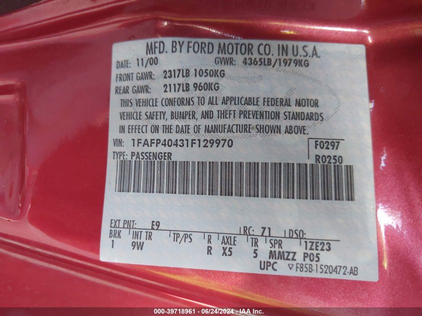 2001 Ford Mustang VIN: 1FAFP40431F129970 Lot: 39718961
