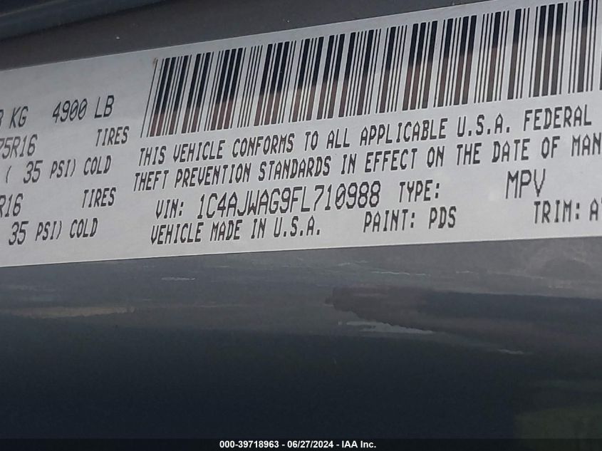 2015 Jeep Wrangler Sport VIN: 1C4AJWAG9FL710988 Lot: 39718963