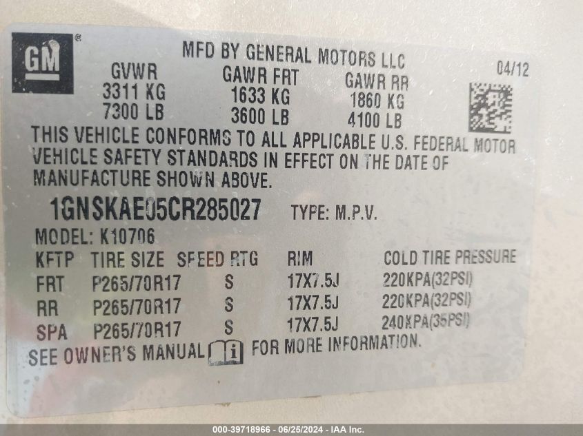 2012 Chevrolet Tahoe K1500 Ls VIN: 1GNSKAE05CR285027 Lot: 39718966