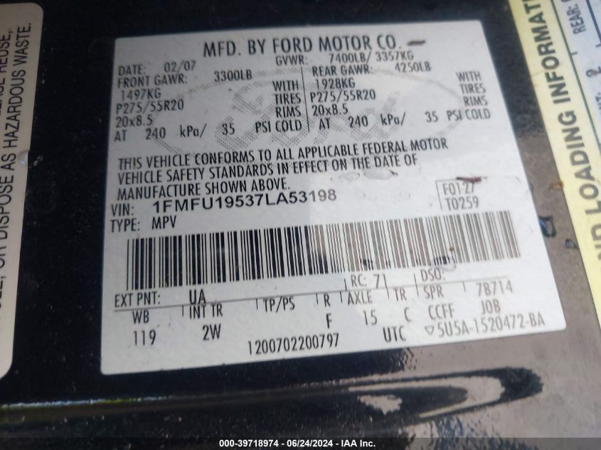 2007 Ford Expedition Limited VIN: 1FMFU19537LA53198 Lot: 39718974