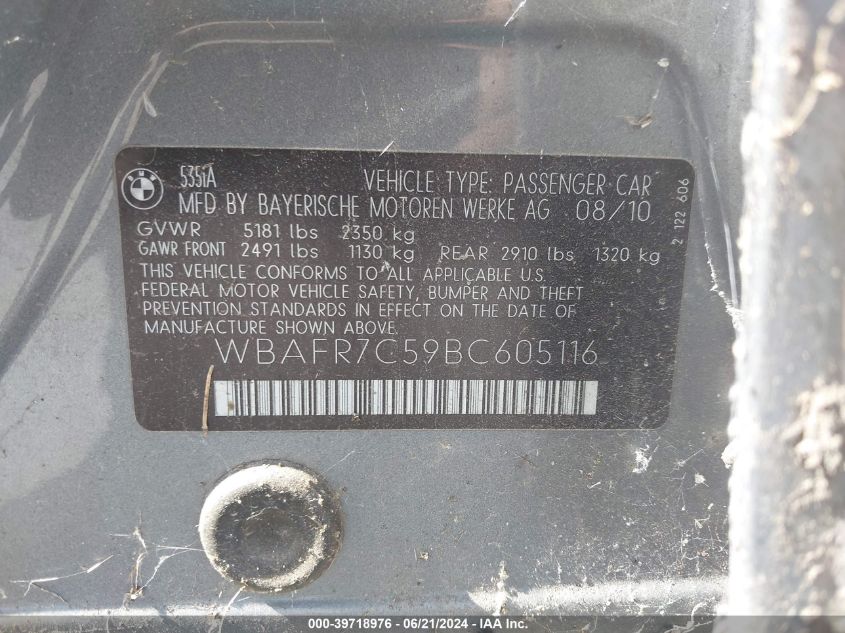 2011 BMW 535I VIN: WBAFR7C59BC605116 Lot: 39718976