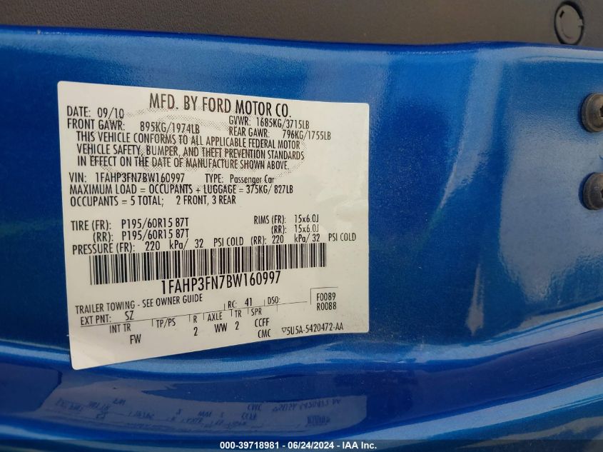 2011 Ford Focus Se VIN: 1FAHP3FN7BW160997 Lot: 39718981