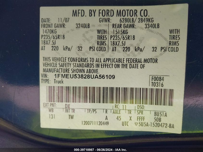 2008 Ford Explorer Sport Trac Limited VIN: 1FMEU53828UA56109 Lot: 39718987