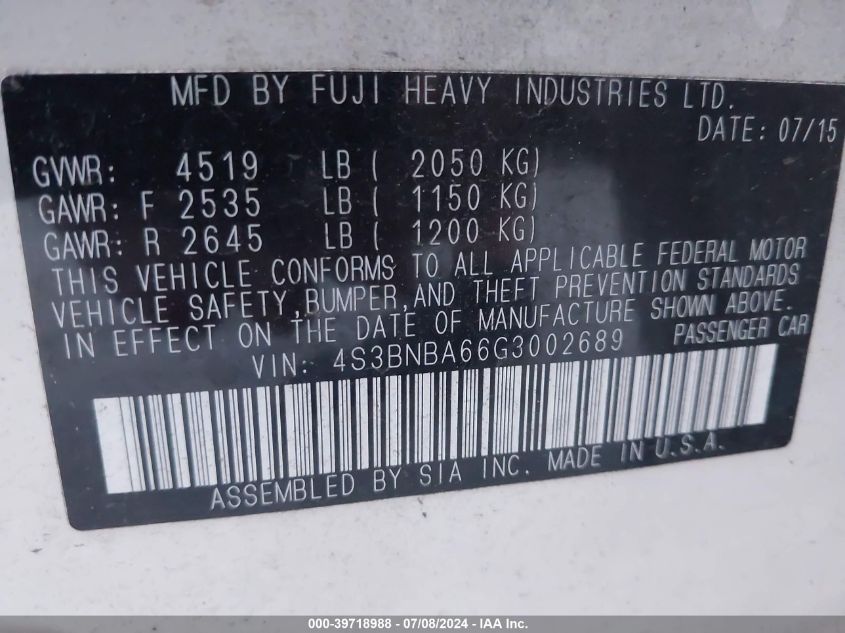 2016 Subaru Legacy 2.5I VIN: 4S3BNBA66G3002689 Lot: 39718988