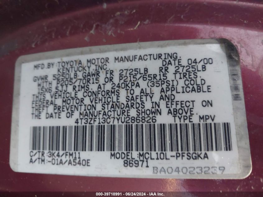 2000 Toyota Sienna Xle VIN: 4T3ZF13C7YU286826 Lot: 39718991