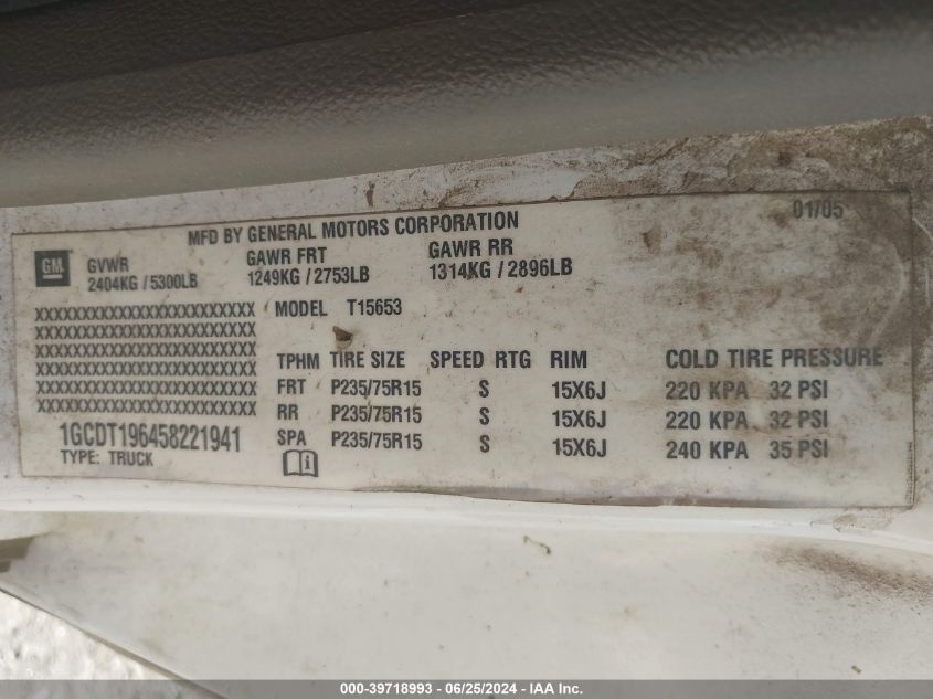 2005 Chevrolet Colorado VIN: 1GCDT196458221941 Lot: 39718993