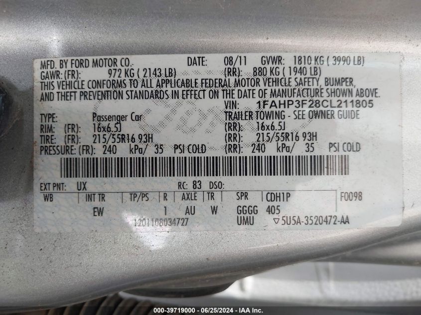 2012 Ford Focus Se VIN: 1FAHP3F28CL211805 Lot: 39719000