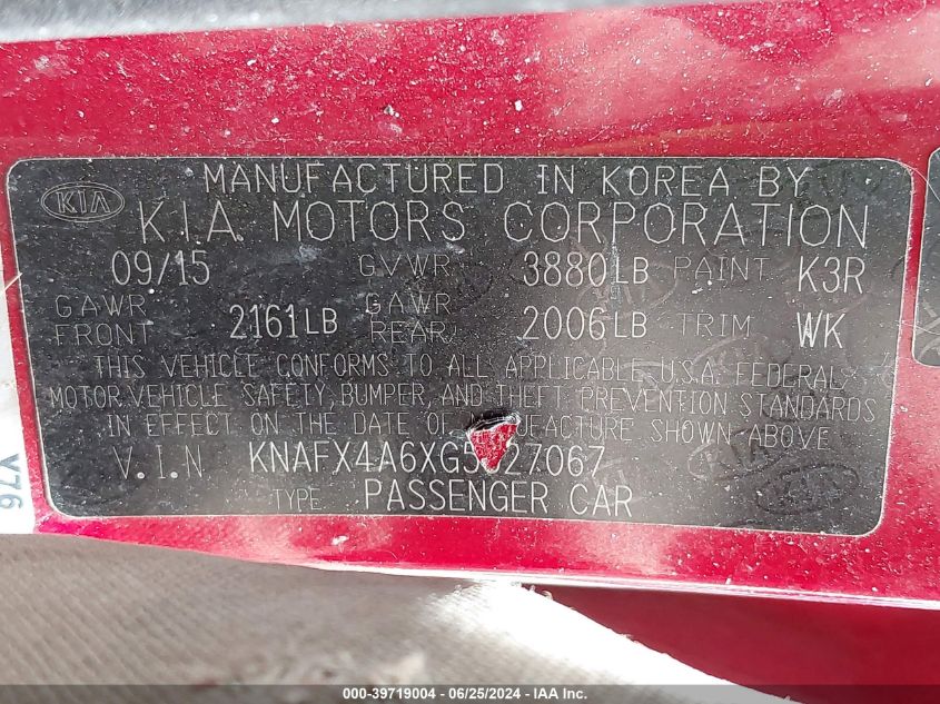 2016 Kia Forte Lx VIN: KNAFX4A6XG5527067 Lot: 39719004