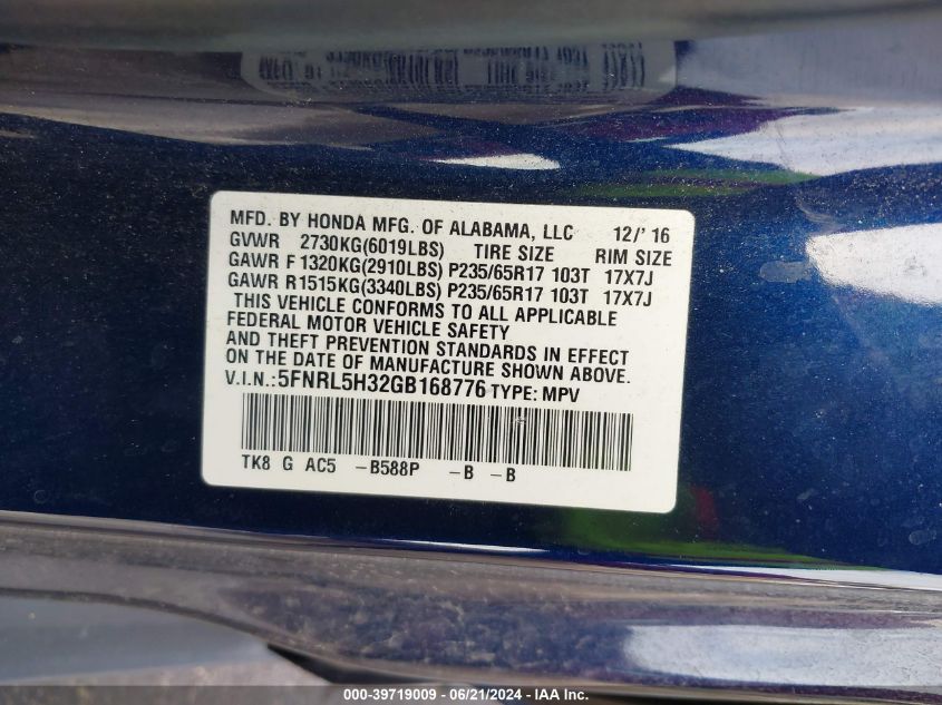 2016 Honda Odyssey Se VIN: 5FNRL5H32GB168776 Lot: 39719009