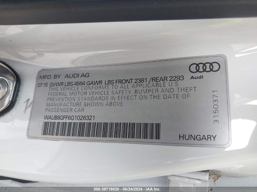 2016 Audi A3 2.0T Premium VIN: WAUB8GFF6G1026321 Lot: 39719020