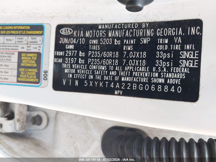 2011 Kia Sorento Lx V6 VIN: 5XYKT4A22BG068840 Lot: 39719118